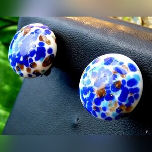 ICOBALT BLUE GOLD & WHITE MILLEFORI ART GLASS CLIP EARRINGS Italy